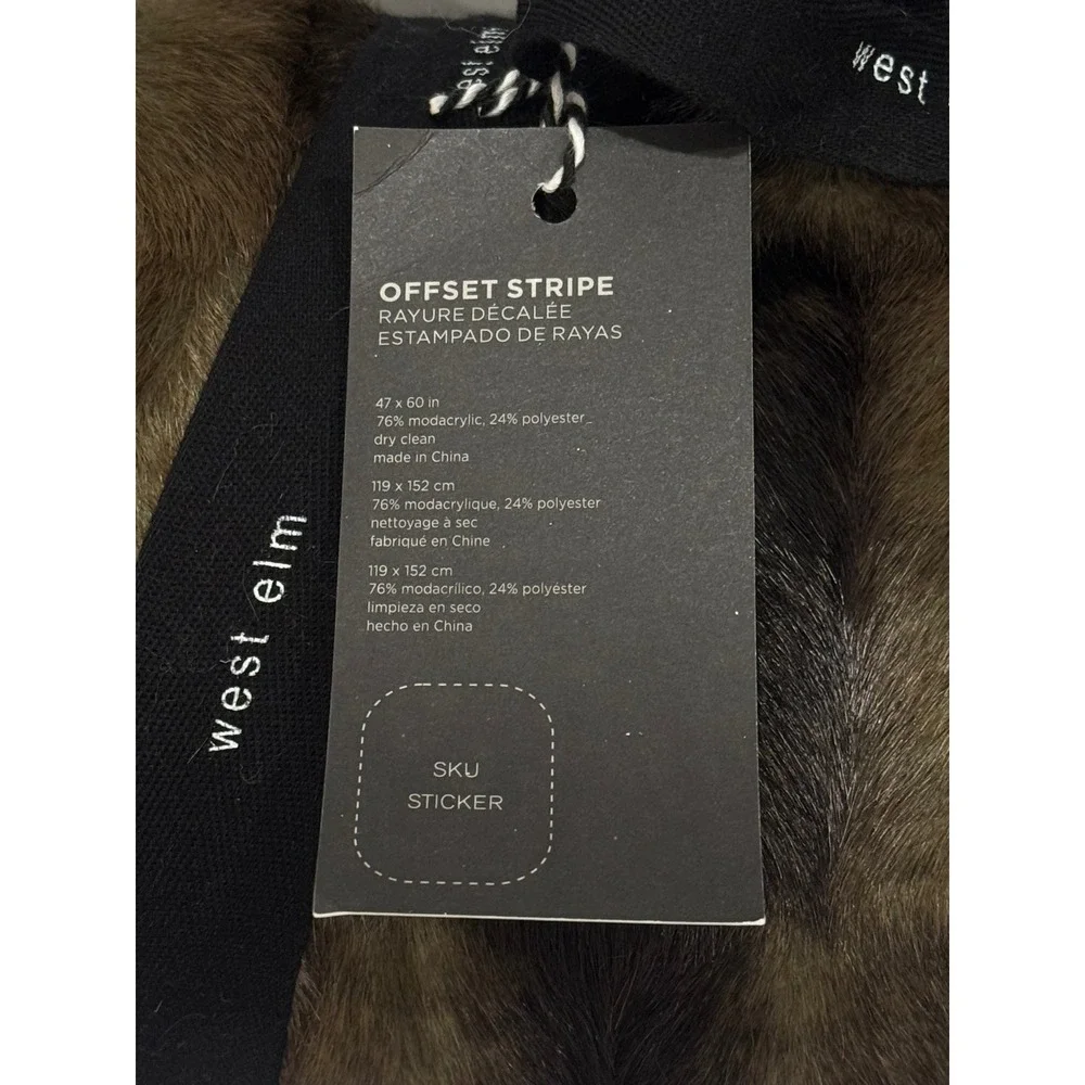 NEW West Elm Faux Fur Throw Blanket 47x60 Brown Offset Stripe Luxury Home Gift